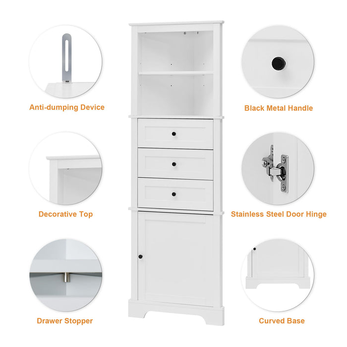 Tall Storage Cabinet With 3 Drawers And Adjustable Shelves For Bathroom