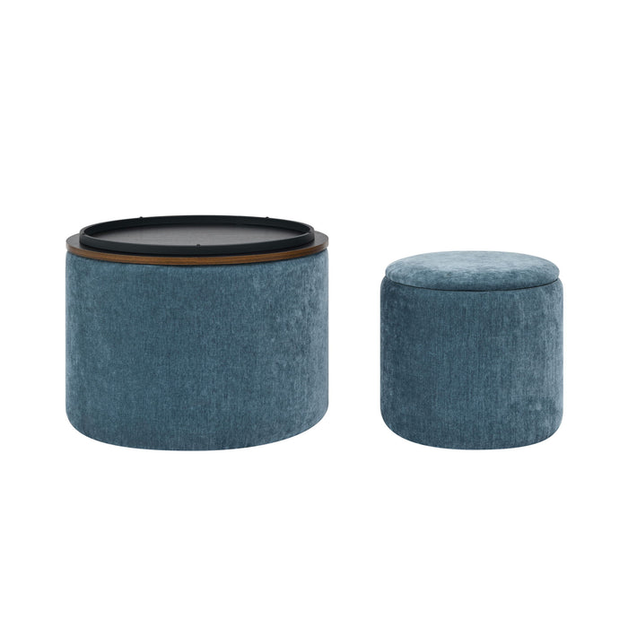 Classic 2 Piece Round Storage Ottoman Set With Drum Shaped Stool