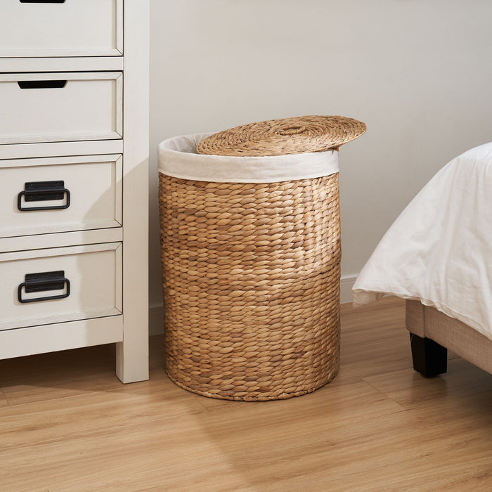 Round Tall Water Hyacinth Woven Wicker Laundry Hamper With Lid - For Clothes, Canvas, Toys And Book Storage With Removable Liner - 15" X 15" X 20" - Natural Brown
