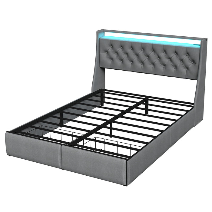 Floating Bed Frame With Rgb LED Light, 2 Storage Drawers & Headboard Shelf