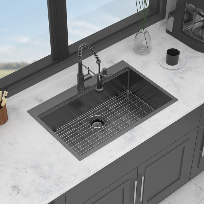 Drop In Kitchen Sink With Pull Out Faucet And Soap Dispenser, Single Bowl Topmount Sink - Gunmetal Black