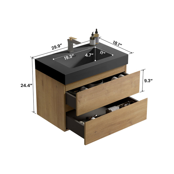 Alice - Natural Oak Bathroom Vanity With Sink, Large Storage Wall Mounted Floating Bathroom Vanity For Modern Bathroom, One-Piece Sink Basin Without Drain