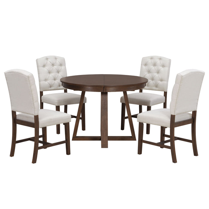 Dining Set With Leaf Round Table And 4 Upholstered Chairs