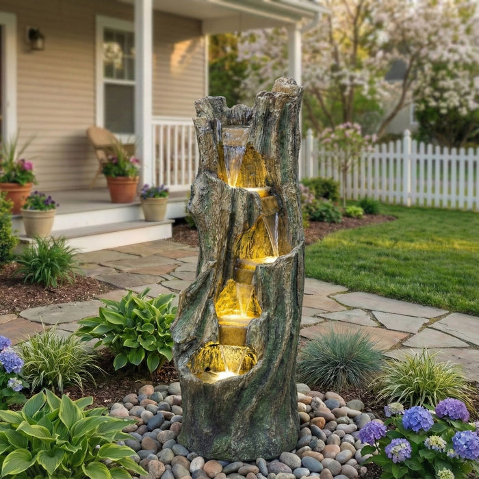 Tree Trunk Cascading Water Fountain, Outdoor LED Lighted - Gray