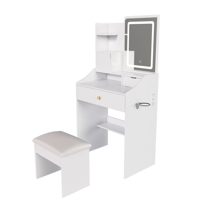 3 Color LED Vanity Mirror With Stool, Dressing Table For Bedroom, 2 Drawers & 5 Storage Cabinets (4 Open + 1 Hidden), Adjustable Lighting - White