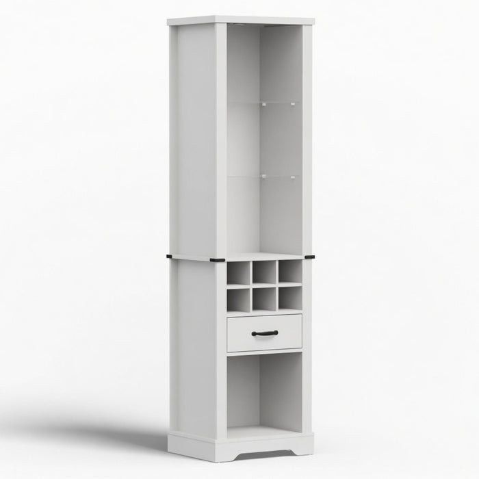 Pantry Cabinet With LED Lights, Wine Rack, Tempered Glass Shelves, And Barn Door Design - White