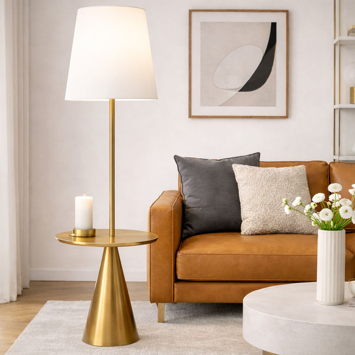 Celestial - Modern Floor Lamp With Accent Table With Large Shade - Gold / White