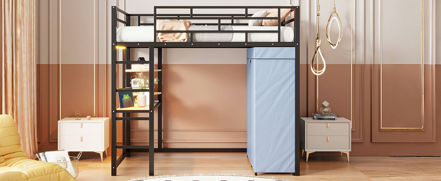 Loft Bed With Desk, Shelves, Power Outlet, LED Light And Wardrobe