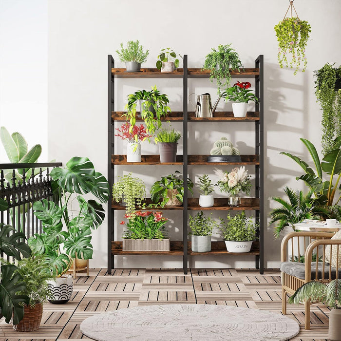 5 Tier Double Wide Bookshelf For Living Room - Rustic Brown