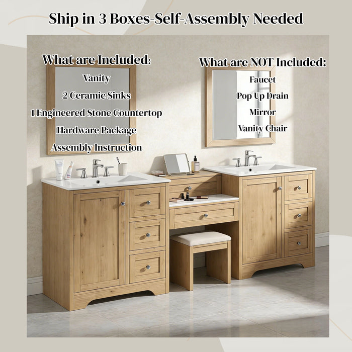 Double Sink Bathroom Vanity With Countertop, 2 Ceramic Sinks, 6 Drawers, Soft Close Design