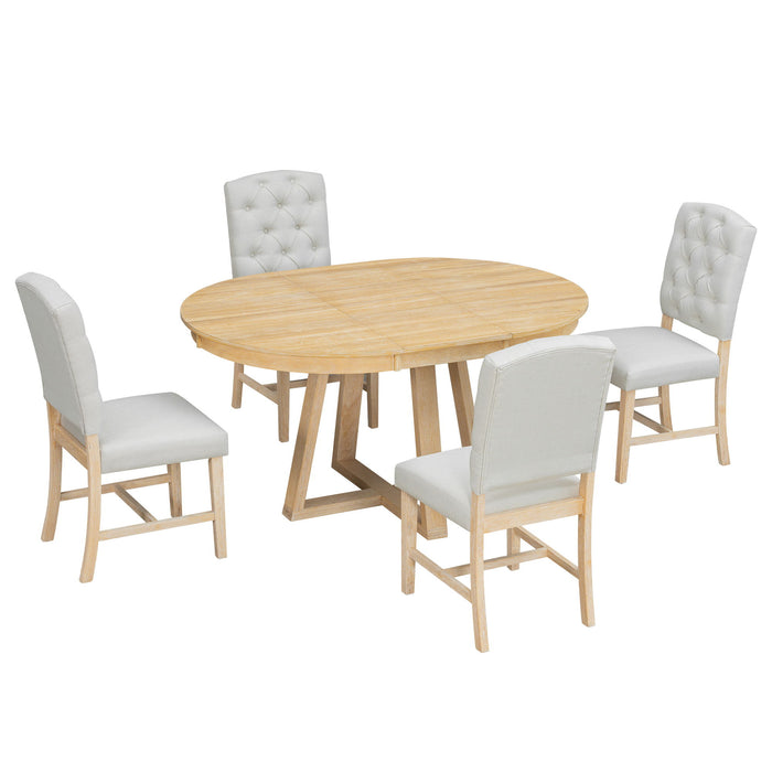 Dining Set With Leaf Round Table And 4 Upholstered Chairs