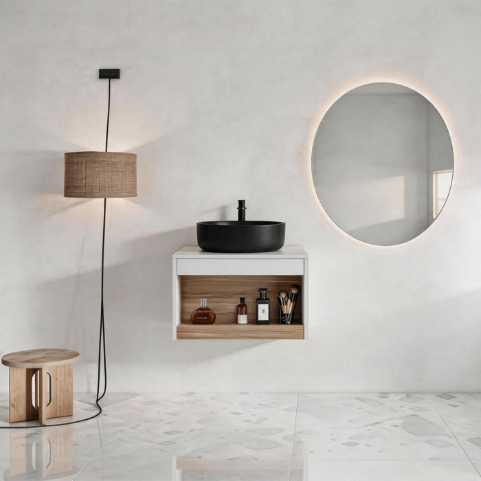 Floating Bathroom Vanity With Glossy Round Vessel Sink