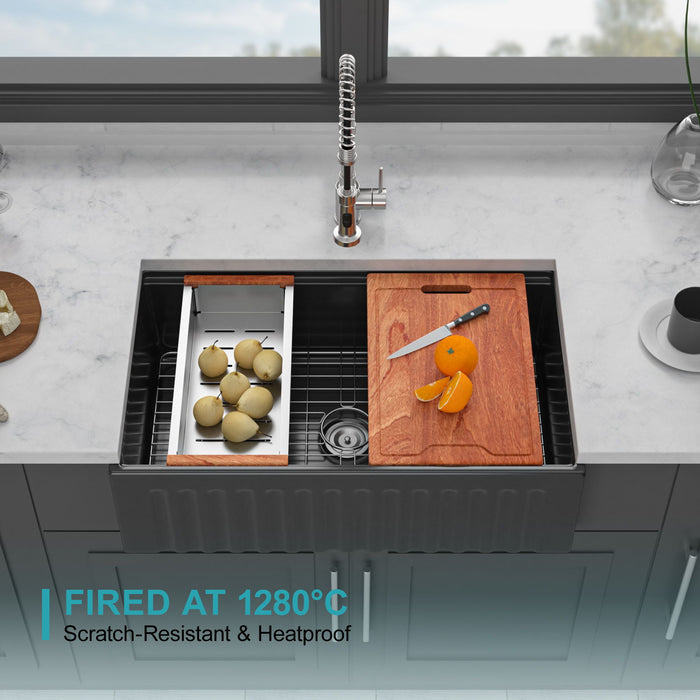 Porcelain Ceramic Farmhouse Sink Workstation With Reversible Apron Design - Single Bowl