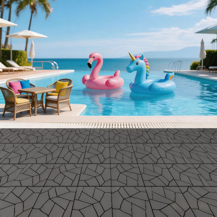 Stone Style Patio Deck Tiles, Diy Interlocking Outdoor Indoor Floor Tiles (Set of 44) - Dark Gray