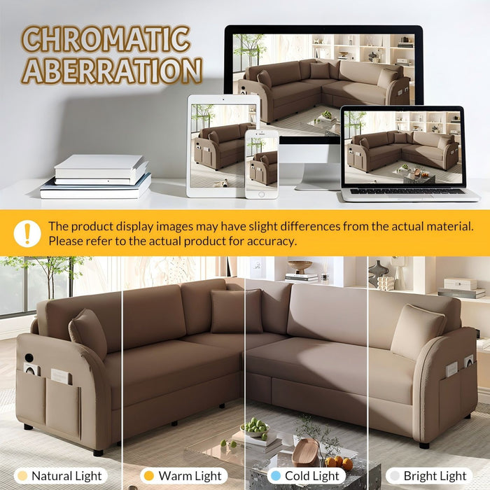 L-Shaped Couch With Pull-Out Bed, Oversize Convertible Sleeper Sofa With Side Pocket & USB Port