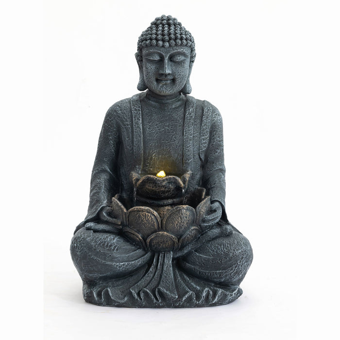 Zen - 2 Tier Meditating Buddha Water Fountain With Pump & LED Light - Gray
