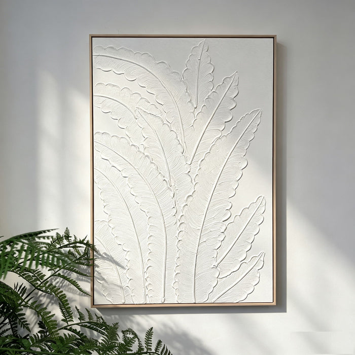 Framed Botanical Leaf Wall Art, Thick Textured Canvas Painting, Neutral Decor For Living Room - White