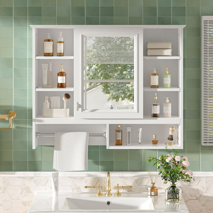 Wall Mount 2 In 1 Mirror Cabinet With Adjustable Shelves, Open Storage, For Bathroom Vanity - White