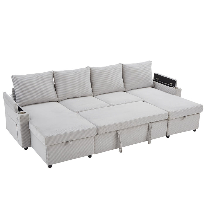 U Shaped Sectional Sofa Bed With Storage Chaise Lounges, USB Ports, And Cup Holders
