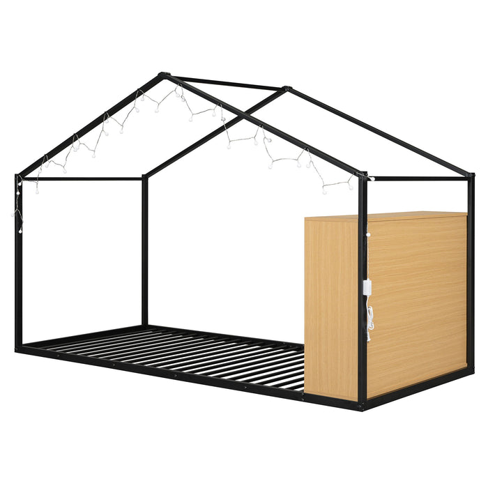 Bed House Frame With Shelves And Lights