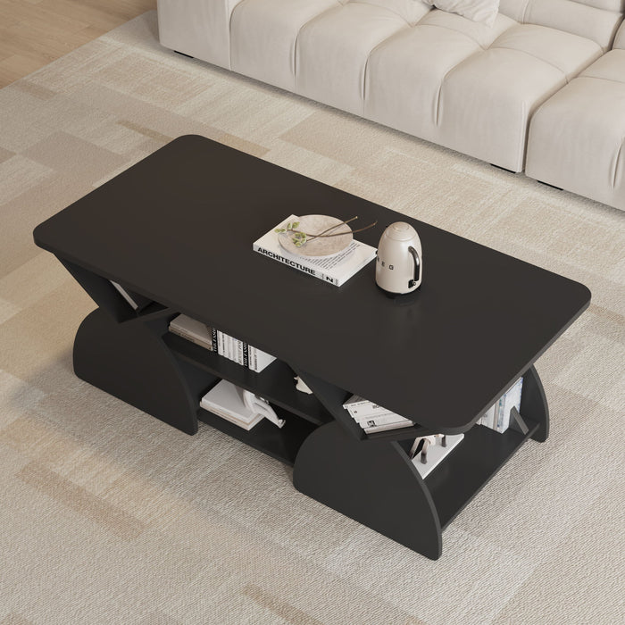 Geometric Engineered Coffee Table With Rounded Corners With Open Shelves