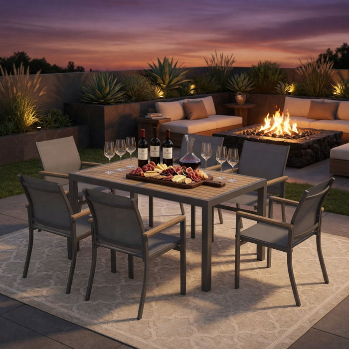 7 Piece Gray Aluminum Patio Dining Set With Textilene Chairs For Outdoor Living Frame With Accents, 59" Rectangle Table, All Weather Durable
