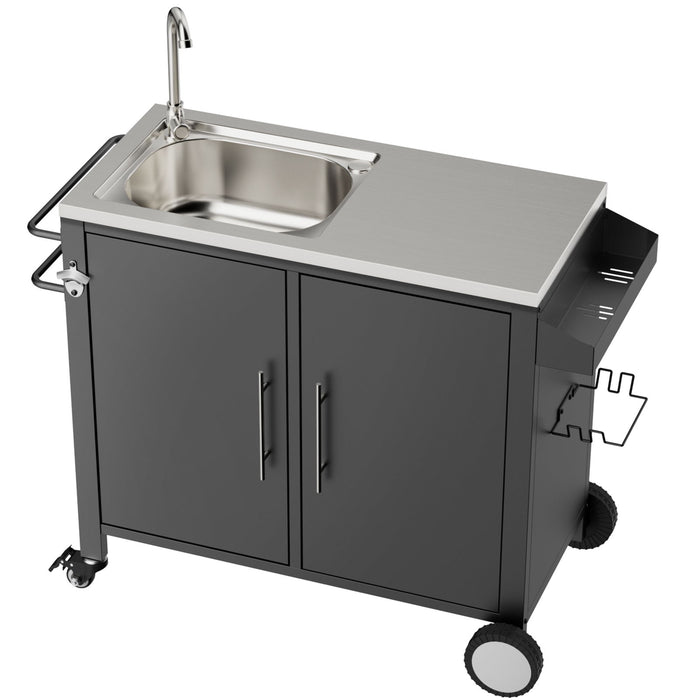 Outdoor Grill Cart With 304 Stainless Steel Sink And Cabinet - Black / Silver