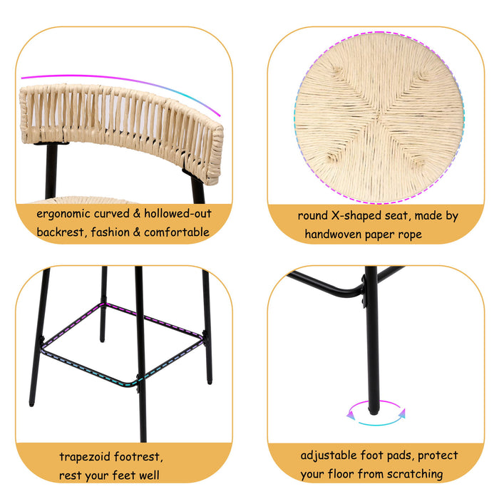 Boho Style Handwoven Paper Rope Counter Stools (Set of 2)