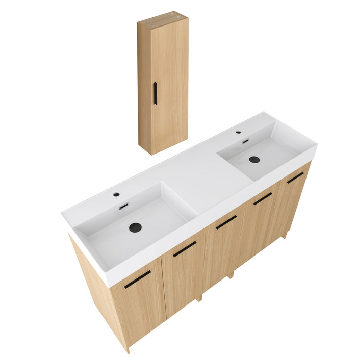 Double Sink Bathroom Vanity Set With Tall Linen Cabinet, Extra Large Storage, Integrated Sink, Freestanding Cabinet - Light Oak / White