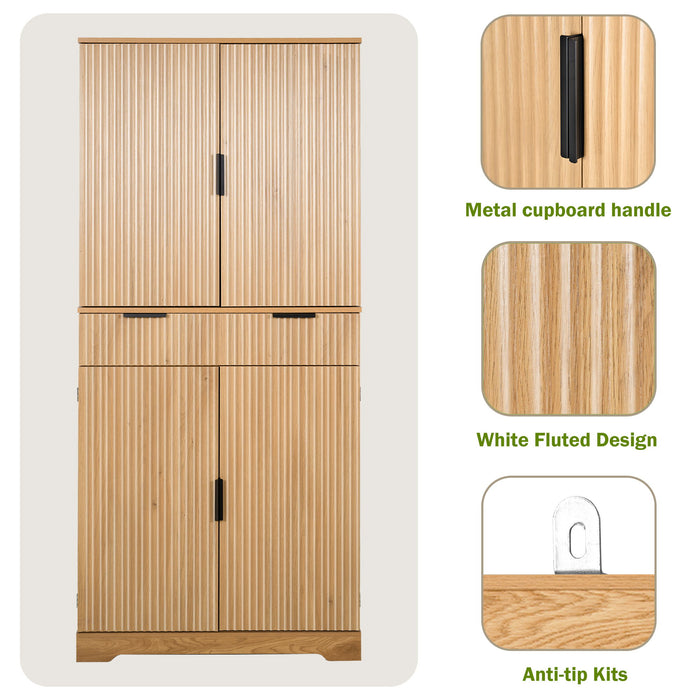Fluted Kitchen Pantry Cabinet With 3 Keyboard Drawers & 6 Door Shelves Adjustable