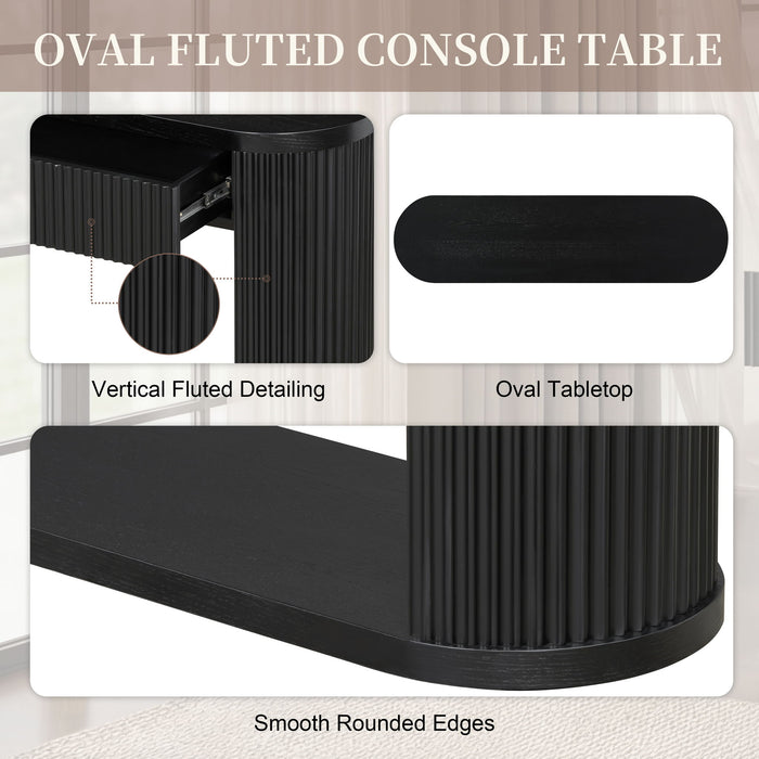 Oval Fluted Console Table With 2 Drawers And Bottom Shelf