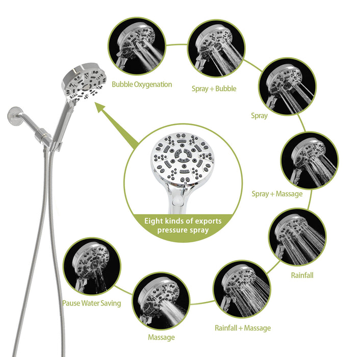 Multi Function Adjustable Hand Shower 8 Function Hand Shower Plastic With Wall Mount - Chrome