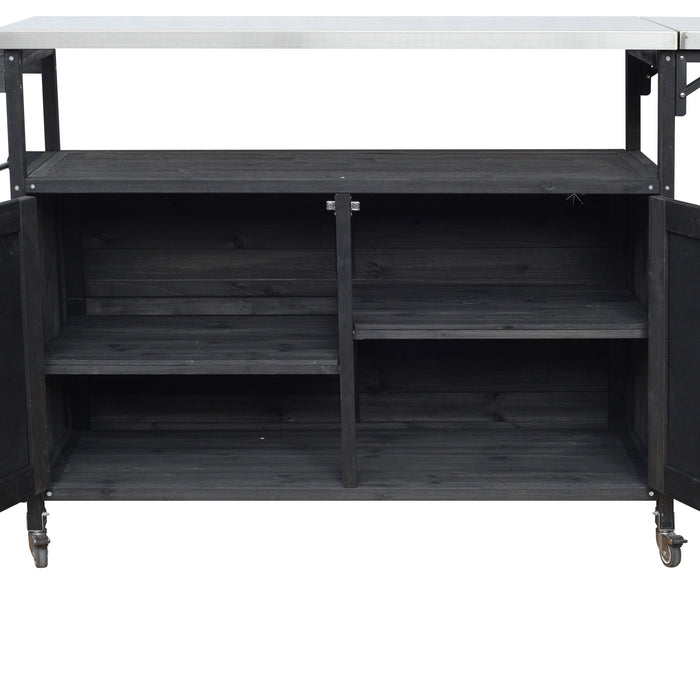 Foldable Outdoor Kitchen Island With Lockable Wheels, Storage Cabinet And Towel Rack For Patio
