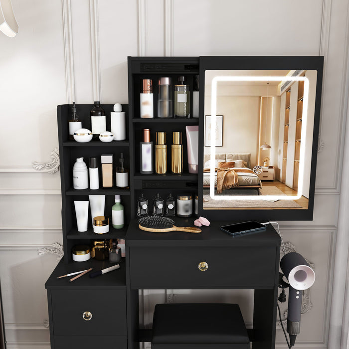 Vanity Desk With 3 LED Lighting Modes, 4 Drawers, Open Shelves, Hair Dryer Holder & Power Socket Dressing Table Set With Chair - Black