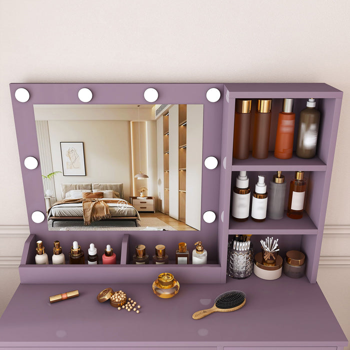 Vanity Desk Set With Padded Stool And Adjustable LED Mirror, 3 Color Light Modes - Purple
