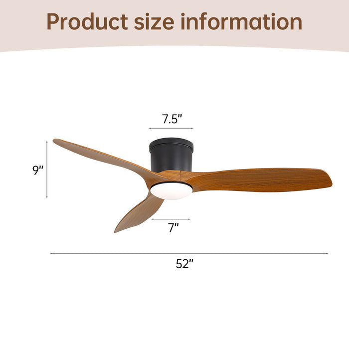 Flush Mount Ceiling Fan With Dimmable LED Light, 3 Blades, Reversible DC Motor Blades For Living Room