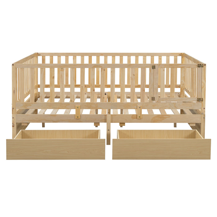 Daybed With Fence Guardrails And 2 Drawers, Split Into Independent Floor Bed & Daybed