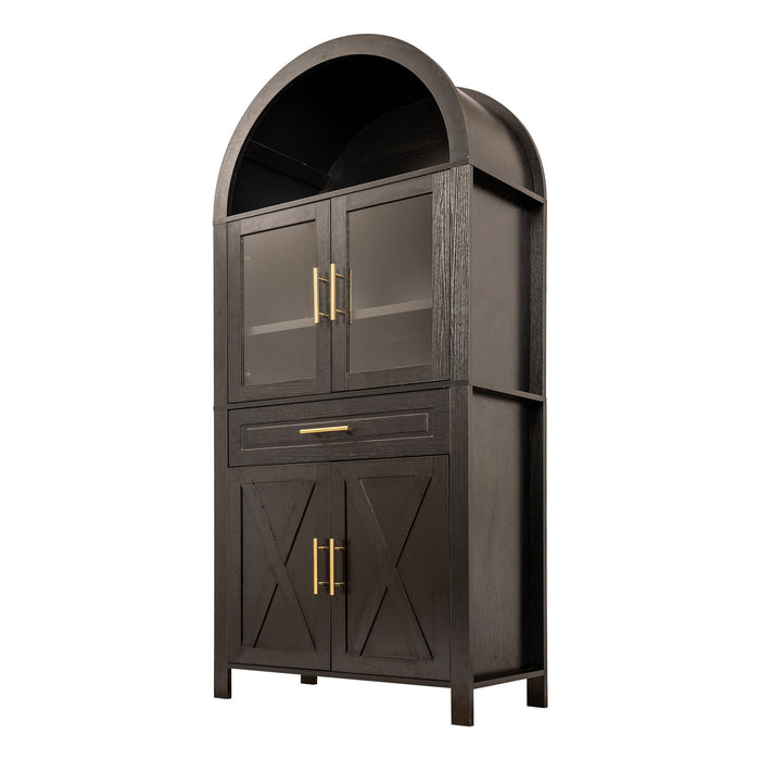 Arched Kitchen Pantry Cabinet With Adjustable Shelves And Barn Door Design