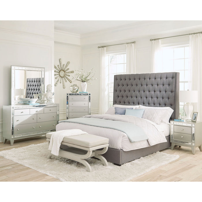 California King Upholstered Panel Bed With Tufted Headboard - Gray
