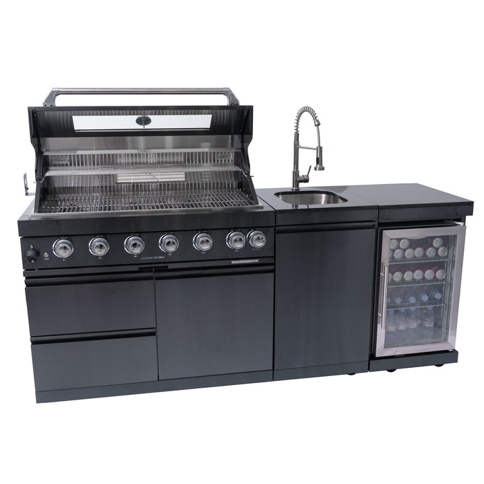 6 Burner 85, 000 Btu Outdoor Kitchen Island Grill With Wine Cooler Refrigerator, Rotisserie Kit, Granite Countertops & Sink - Black