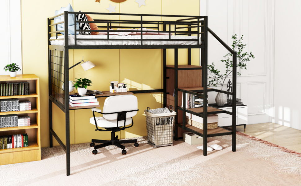 Loft Bed With Desk And Grid, Stylish Frame With Lateral Storage Ladder And Wardrobe