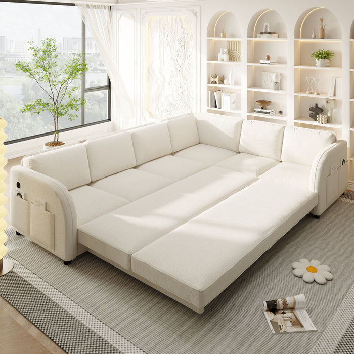 L-Shaped Couch With Pull-Out Bed, Convertible Sleeper Sofa With Side Pocket & USB Port
