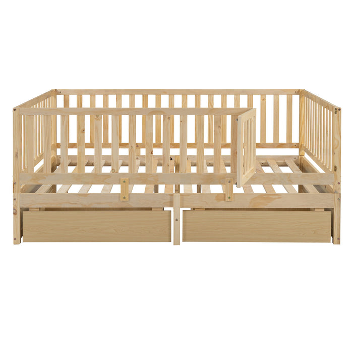 Daybed With Fence Guardrails And 2 Drawers, Split Into Independent Floor Bed & Daybed