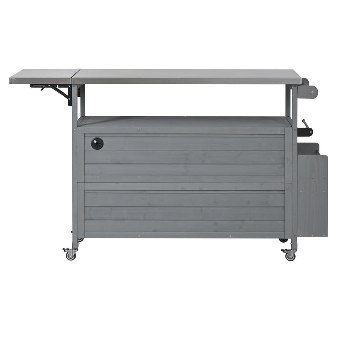 Foldable Outdoor Kitchen Island With Lockable Wheels, Storage Cabinet And Towel Rack For Patio