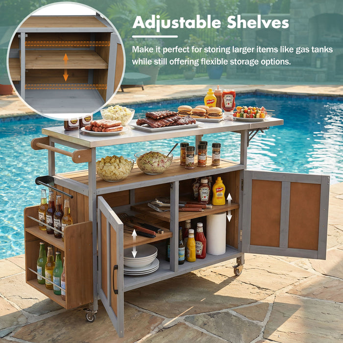 Foldable Outdoor Kitchen Island With Lockable Wheels, Storage Cabinet And Towel Rack For Patio
