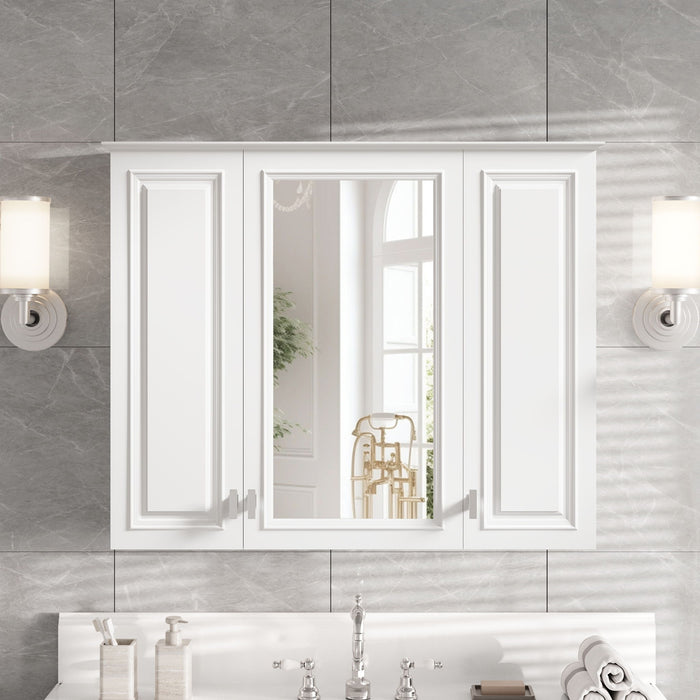 Wall Mounted Mirror Cabinet With 5 Adjustable Shelves, Rectangular Storage For Bathroom - White