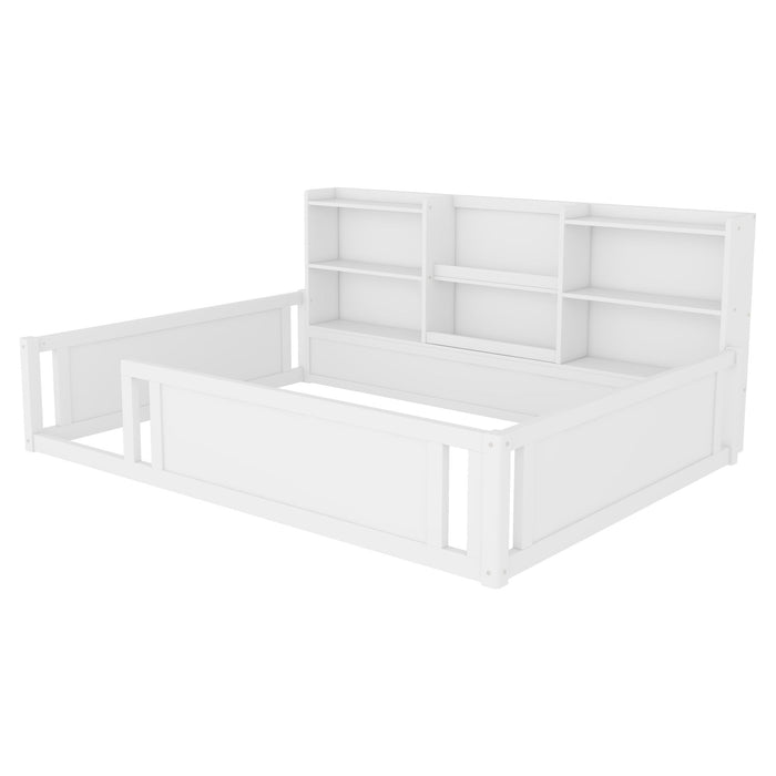 Platform Floor Bed With Guardrail Fence And Side Storage Shelves