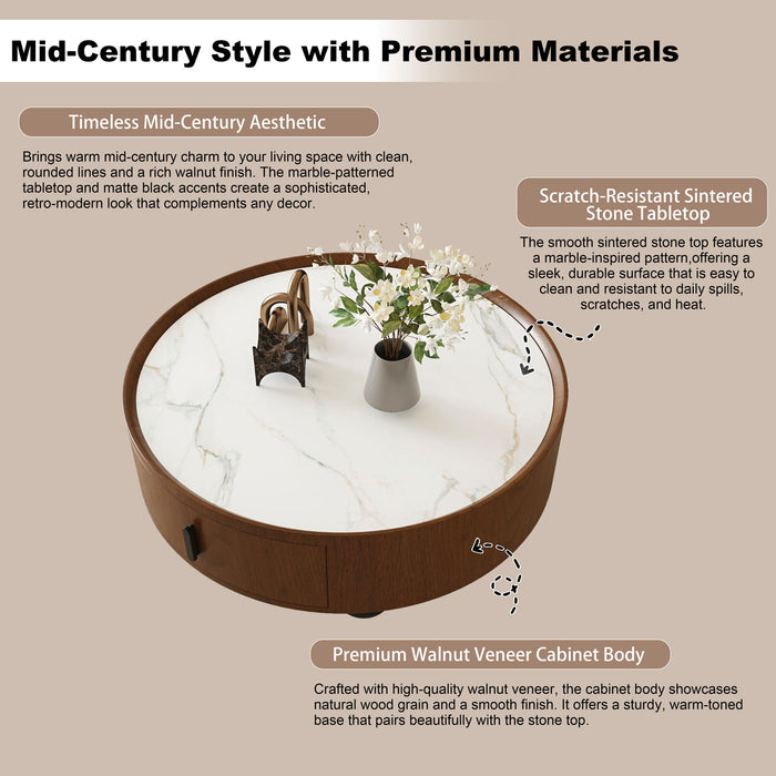 Round Coffee Table With Ball Feet, Pull Handle Storage Drawer - Bouguer Walnut / Brown