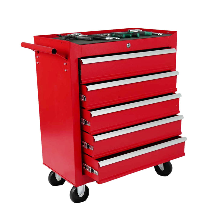 5 Drawer Metal Rolling Tool Chest With Locking System And Wheels - Red