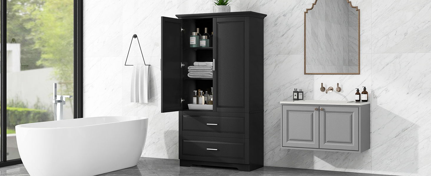 Tall Bathroom Storage Cabinet, Cabinet With 2 Doors And Drawers, Adjustable Shelf